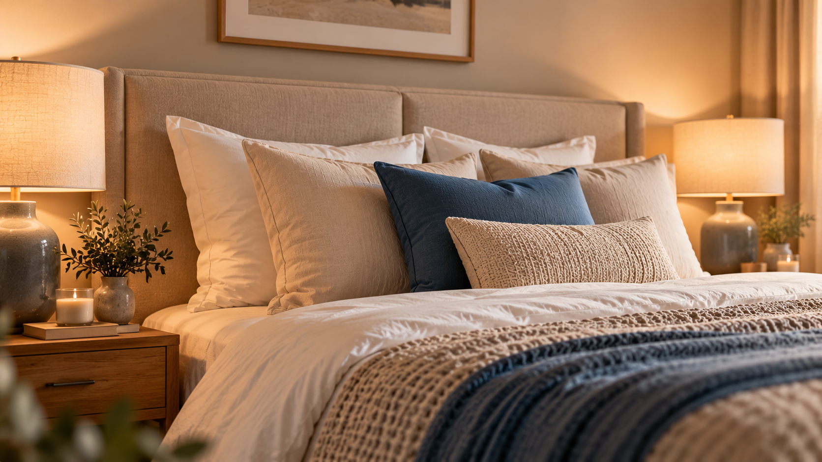 Gemütliches Schlafzimmer mit blauen Akzenten