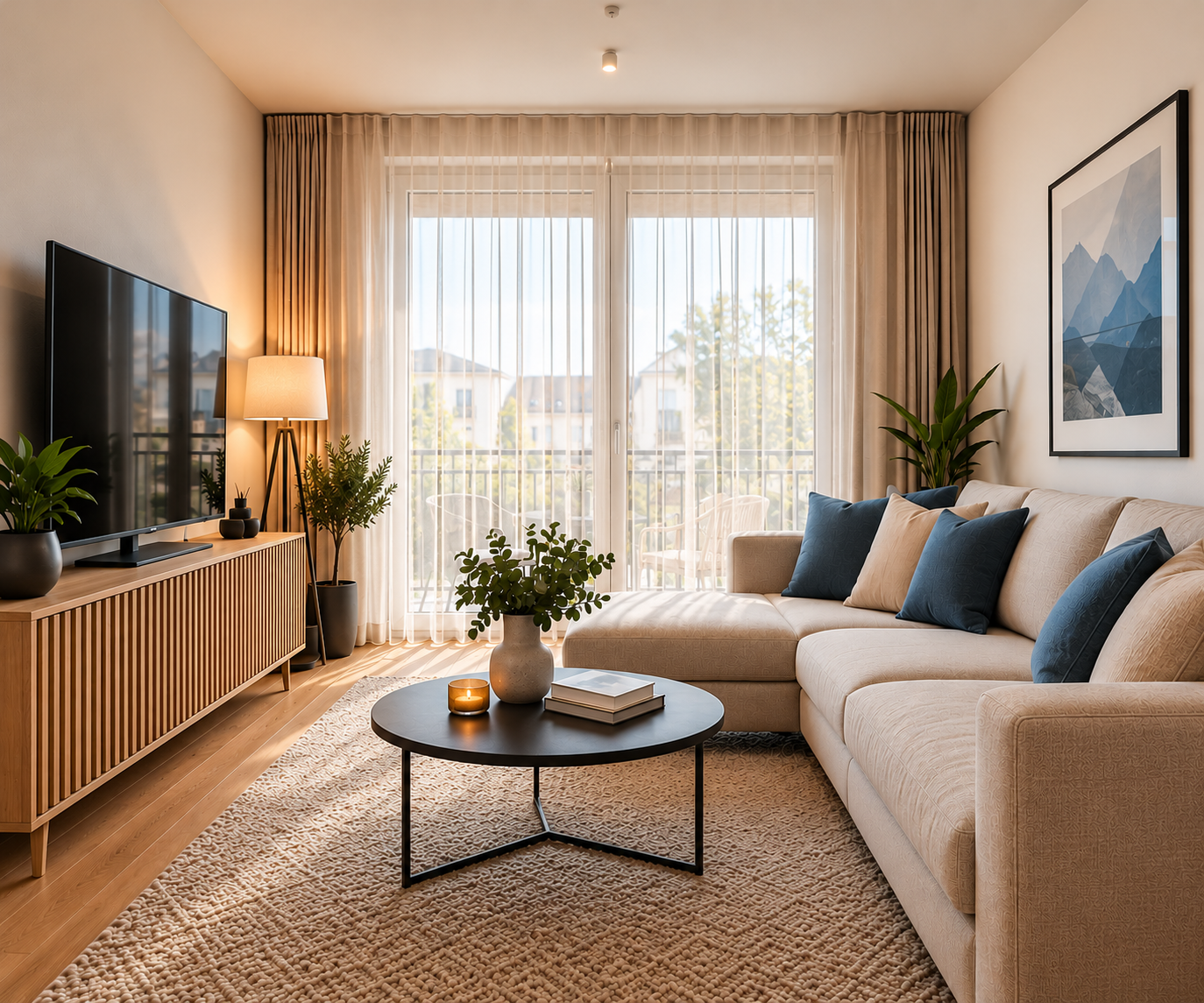 Exemple : salon moderne avec canapé, bois et décoration