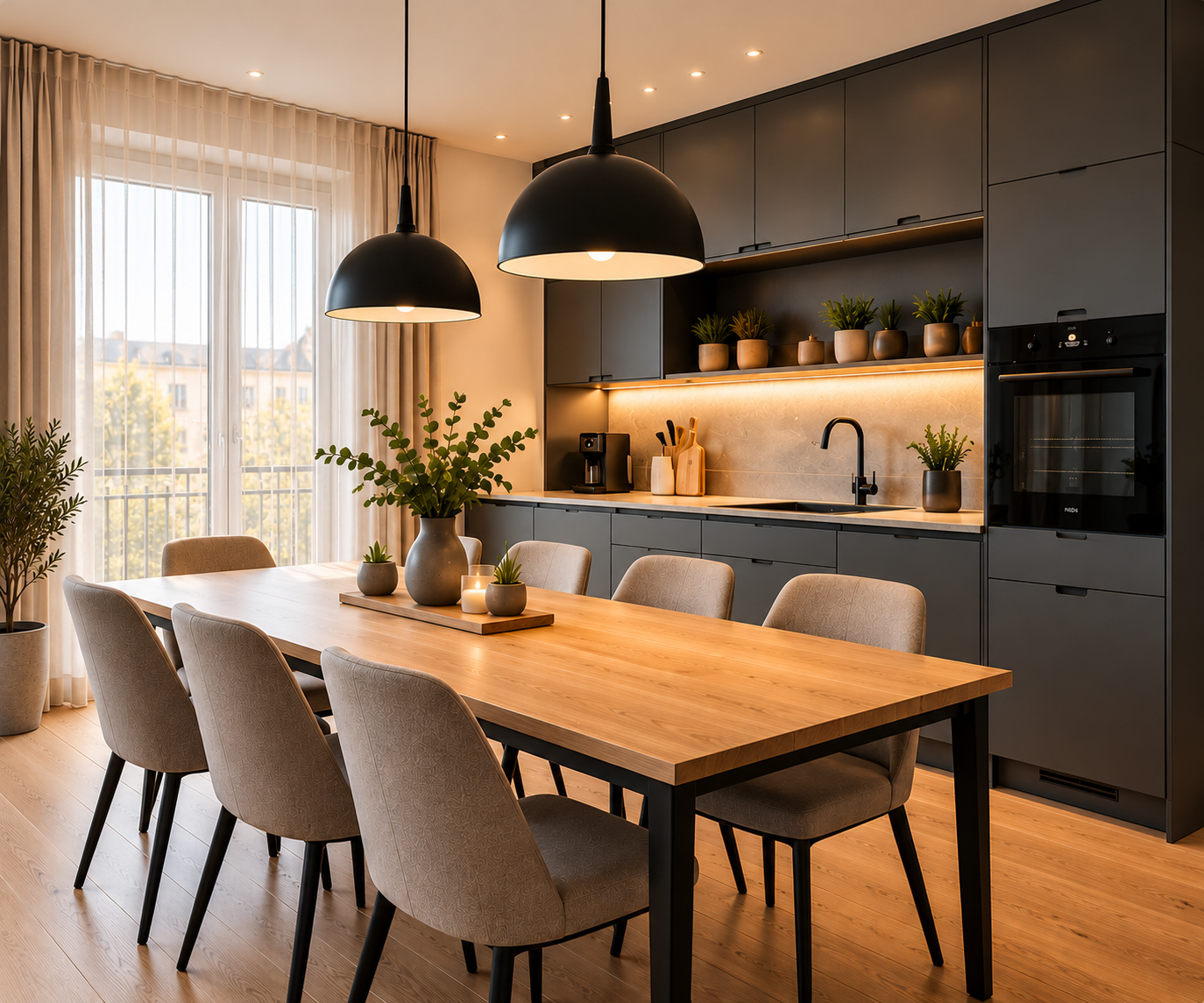 Exemple : cuisine moderne équipée avec table à manger