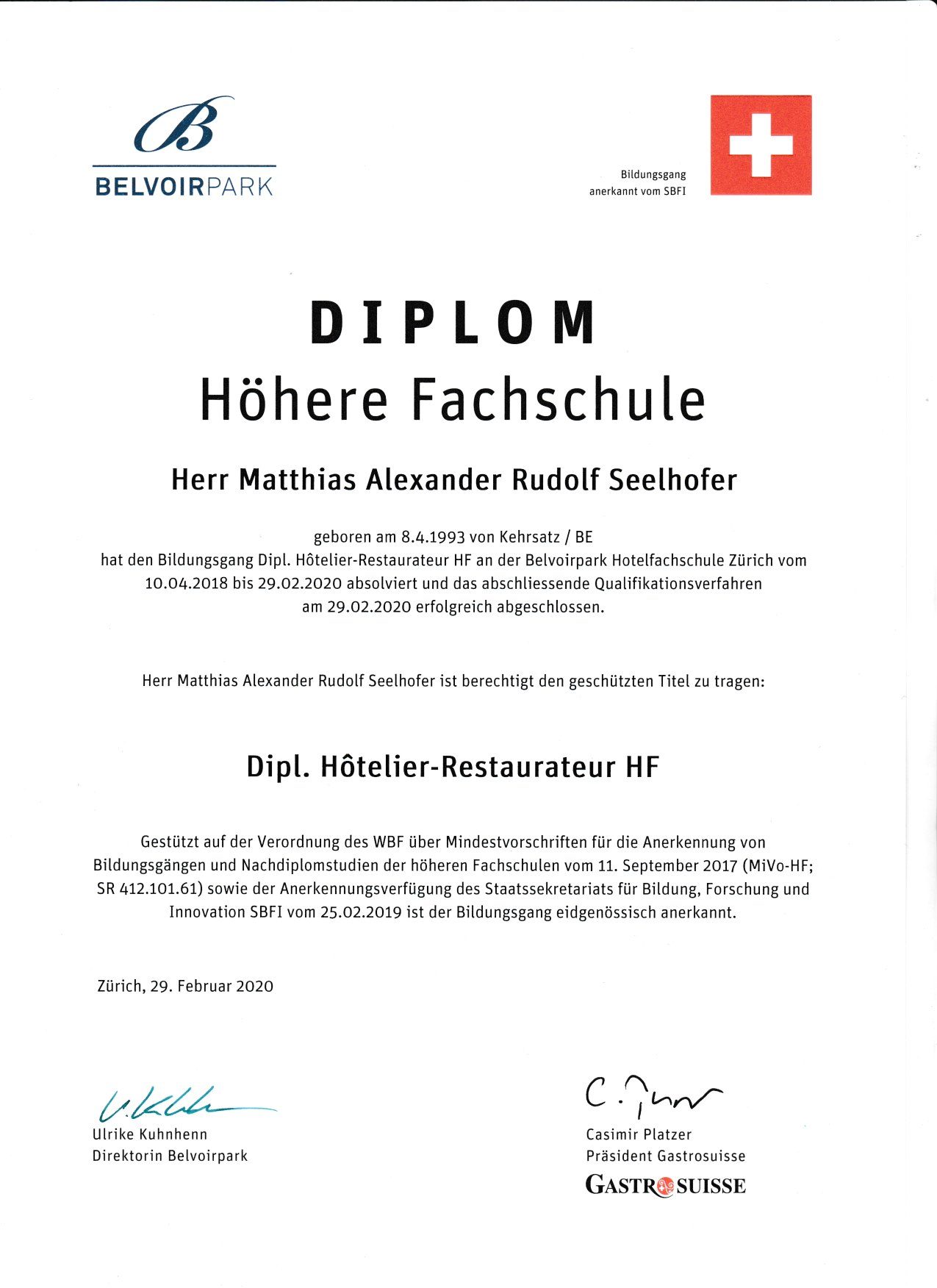 Diplom Hotelier / Restaurateur von Matthias Seelhofer