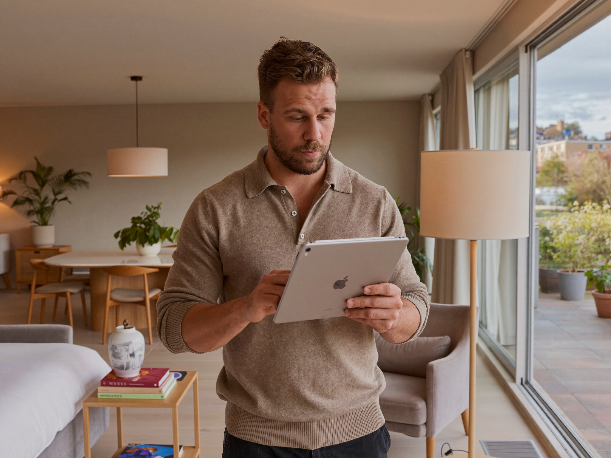 Matthias Seelhofer bei der professionellen Betreuung einer Ferienwohnung mit Tablet